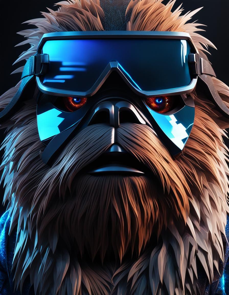 Ewok Wanted Poster in Holographic Cyberpunk Style