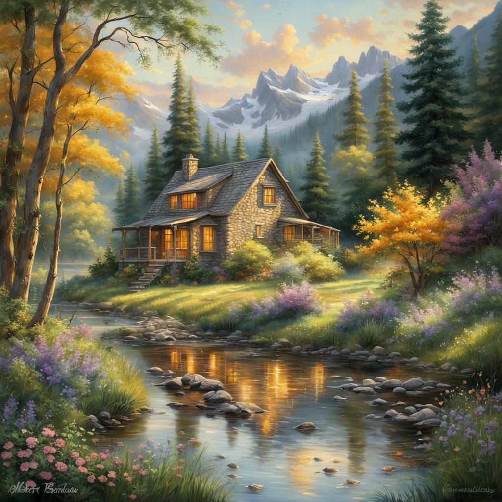 Mountain River Cabin Basks in Golden Light