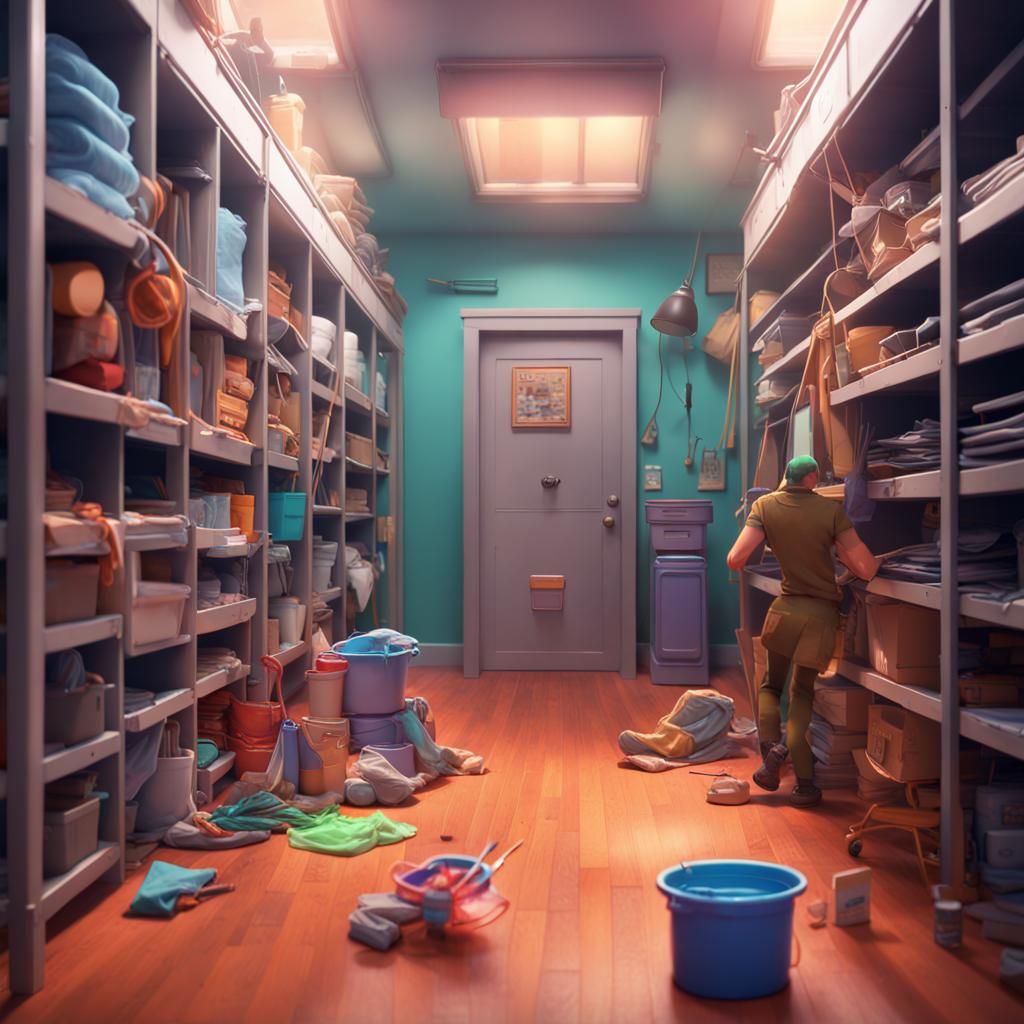 Humorous Janitor Scene in 3D Digital Art Style