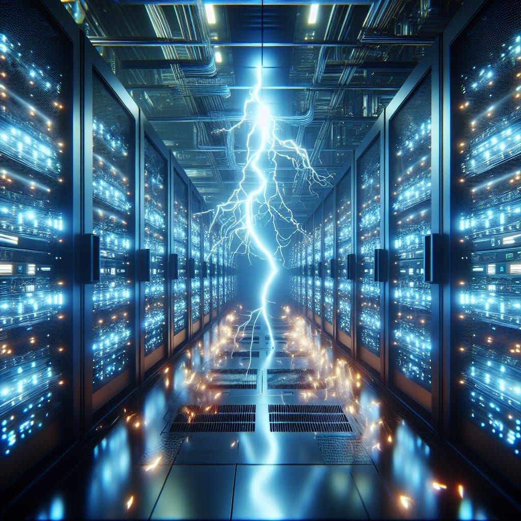Futuristic Server Room with Lightning Bolt in Matte Painting