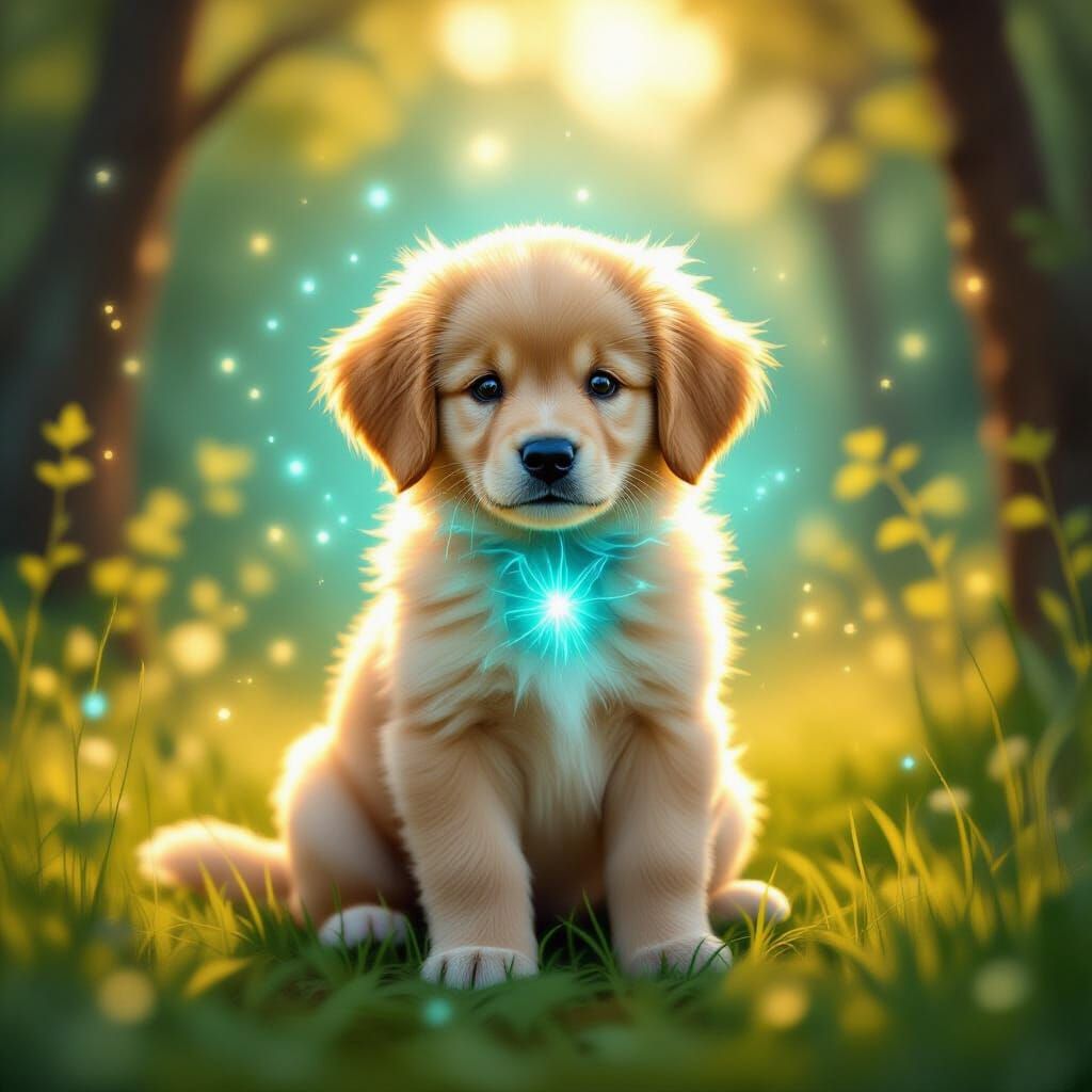 Golden Retriever Puppy With Cyan Aura In Forest