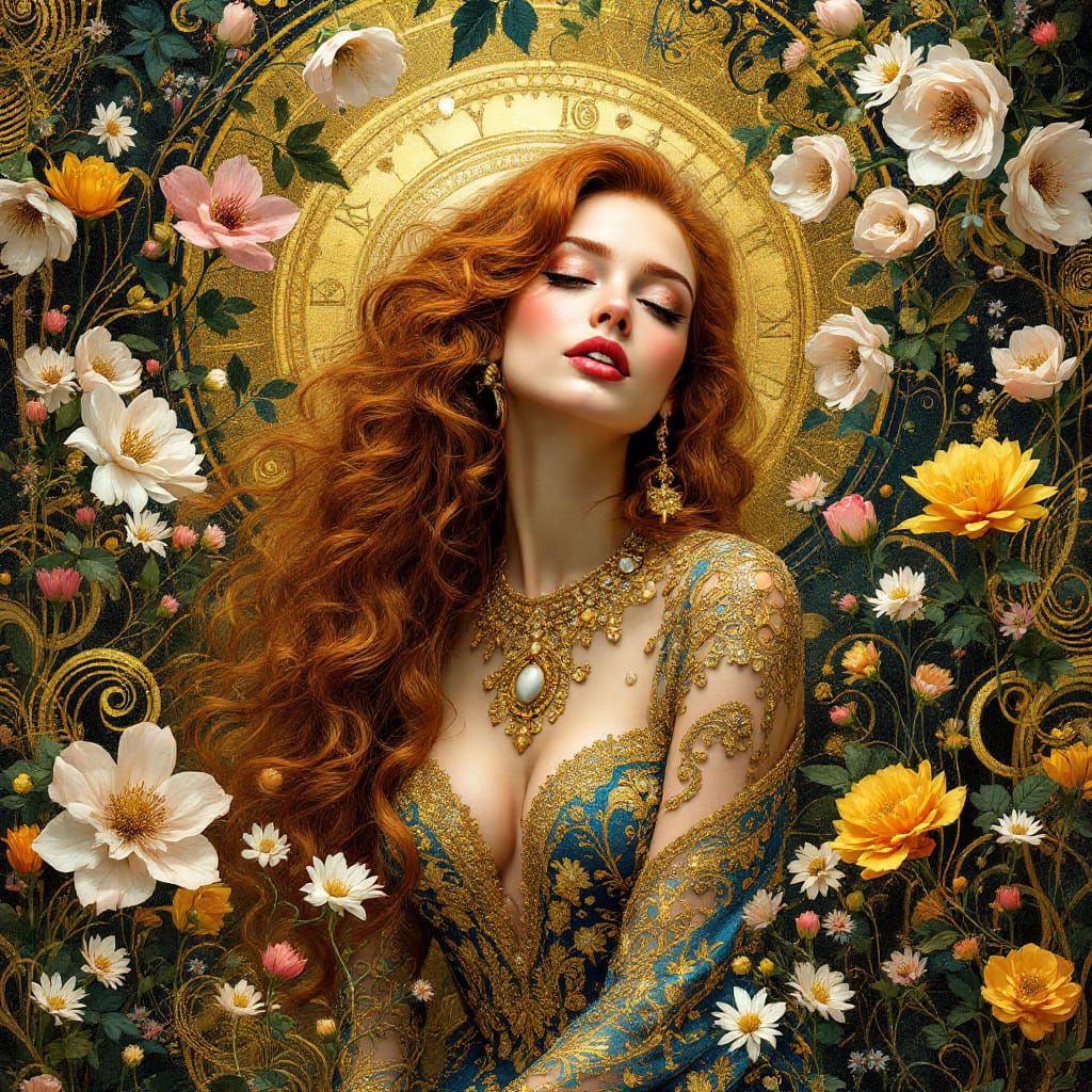 In the style of Klimt a beautiful curly  haired woman in an ...