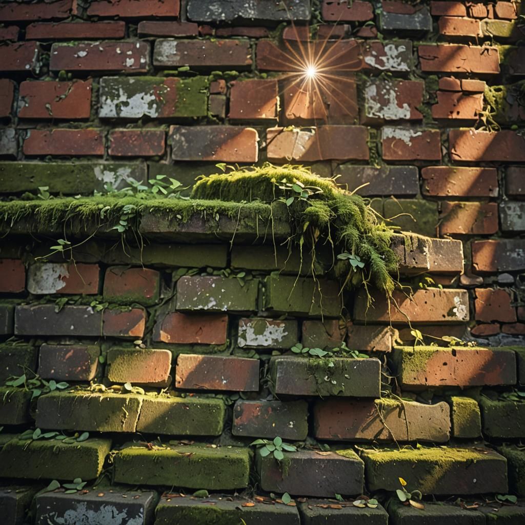 Sun Rays Illuminate Mossy Brick Wall: Architectural Photogra...