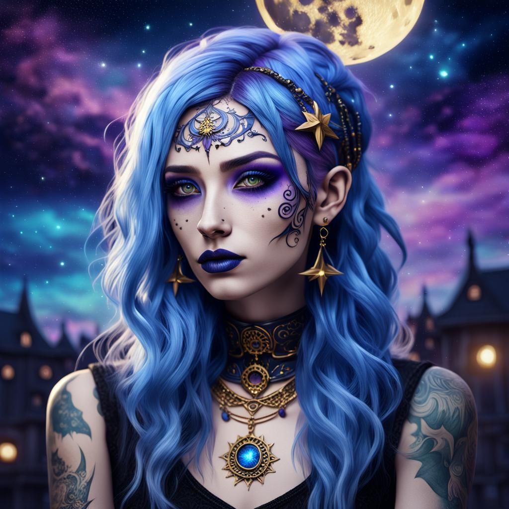 Gothic Woman Portrait in Celestial Sky Fantasy Art