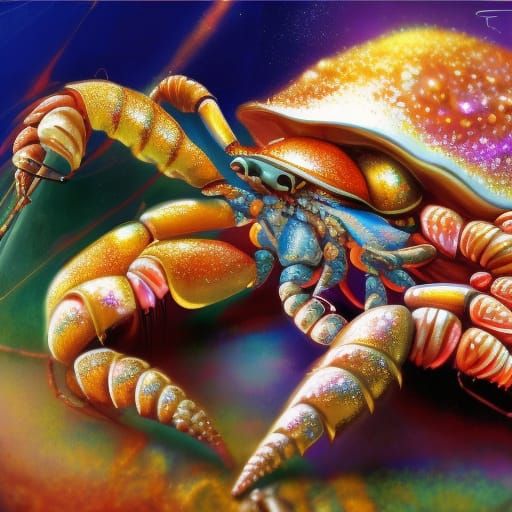 Golden Fractal Hermit Crab in Digital Oil Painting Style