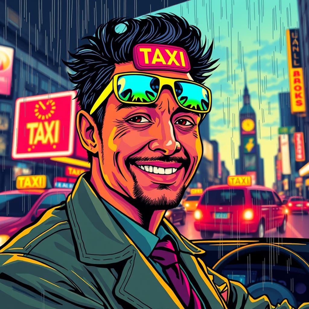 Charismatic Taxi Driver in Neon New Wave Style