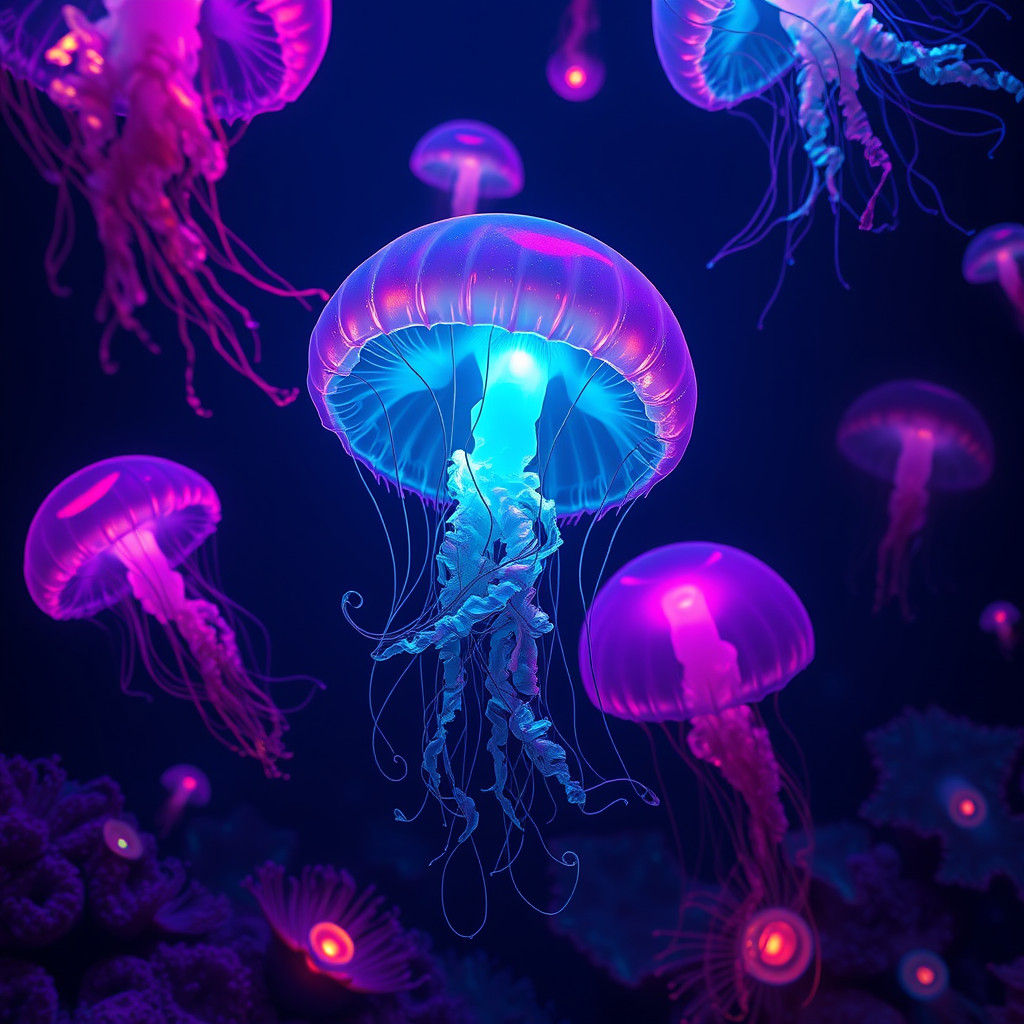 Neon Jellyfish in Bioluminescent Ocean Depths