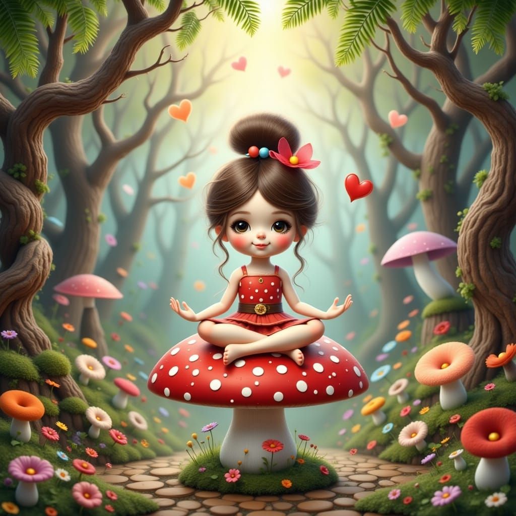 Adorable Plush Doll Meditating on Polka Dot Mushroom