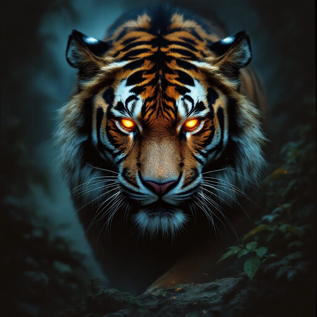 Male Tiger with Glowing Eyes in Beksiński Style
