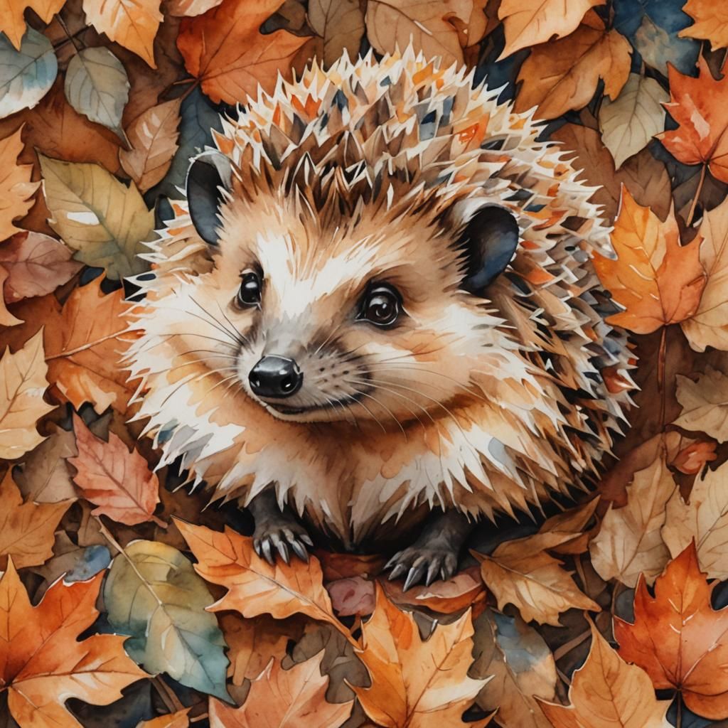 Whimsical Hedgehog Portrait in Watercolour Autumn Scene
