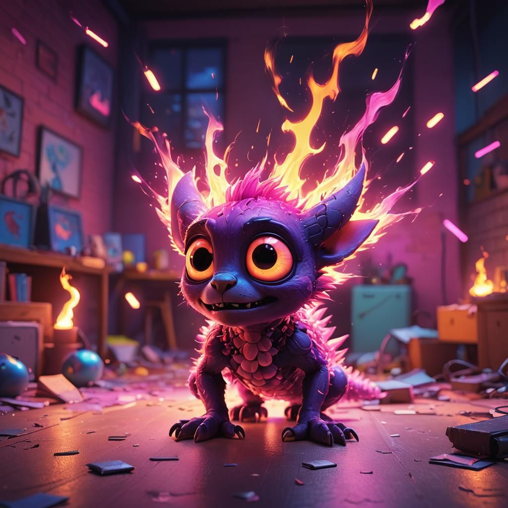 Pixar-Style Creature with Fire Eyes and Neon Aura