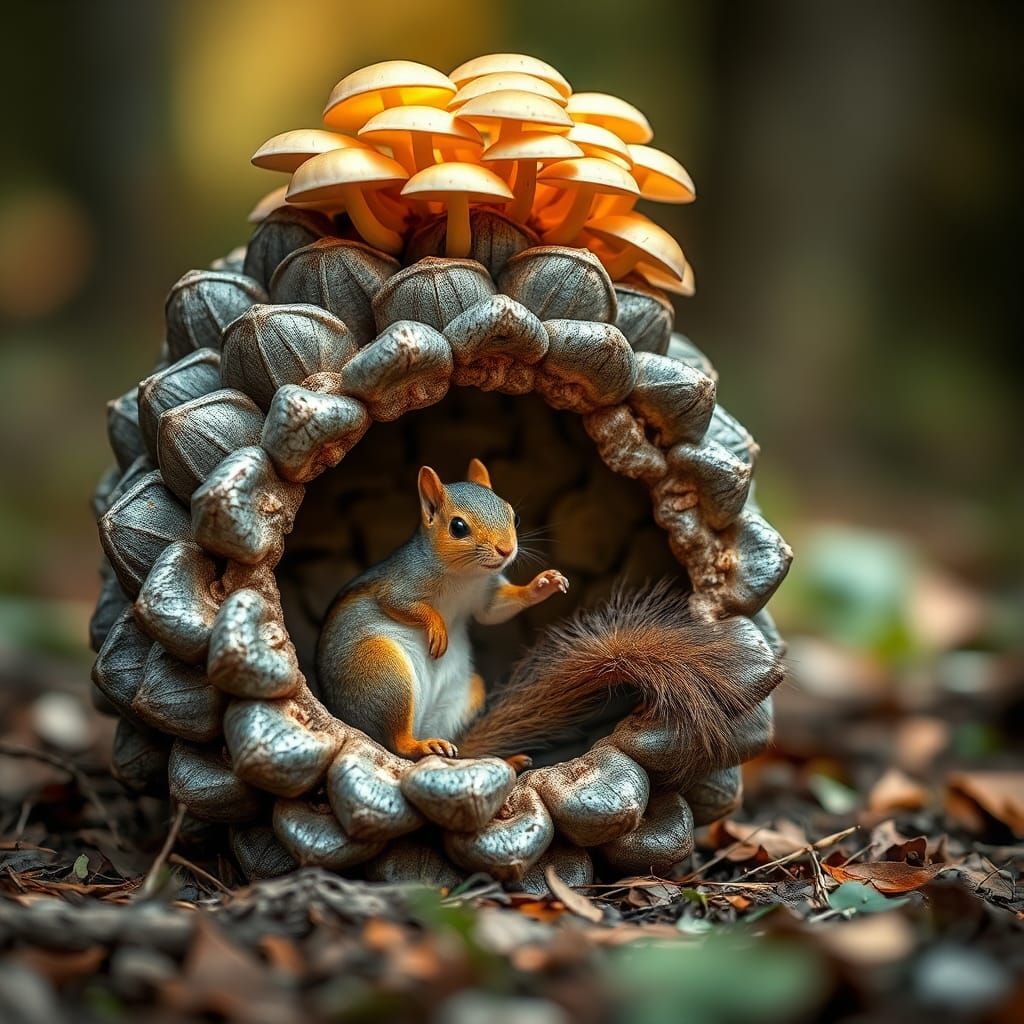 Squirrel and Glowing Mushrooms on Cedar Cone