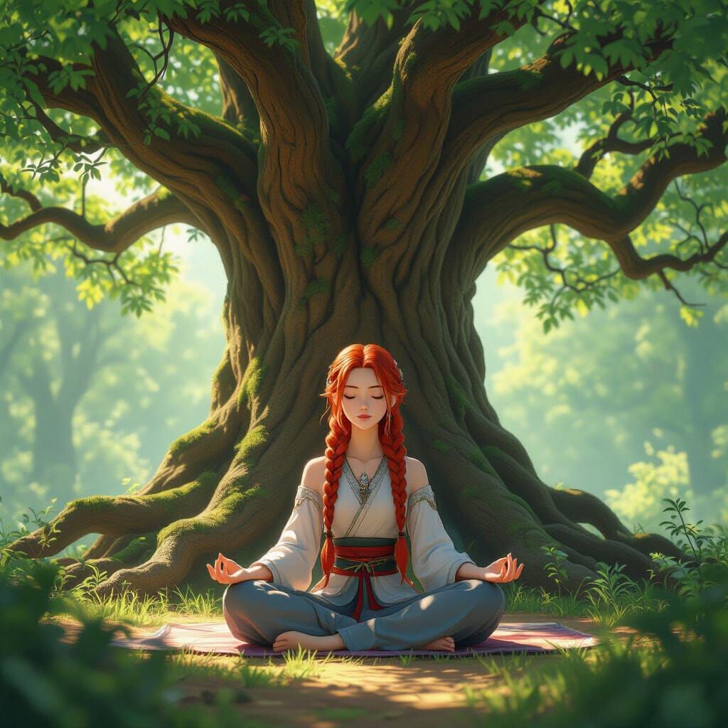 Meditating Red-Haired Woman in Sunlit Forest Clearing