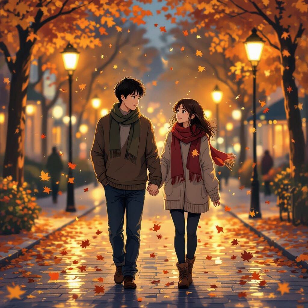 Romantic Autumn Evening Stroll, Painterly Style