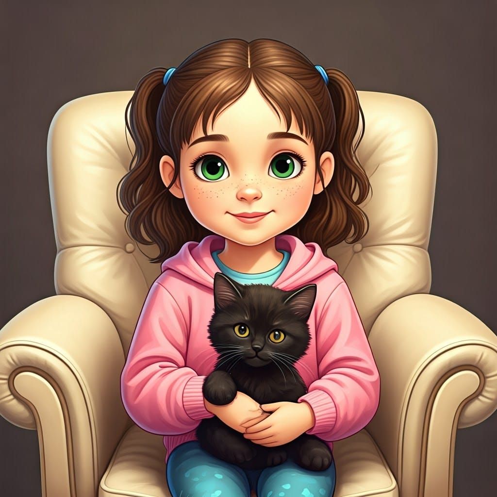 Cartoon Girl with Kitten in Chair