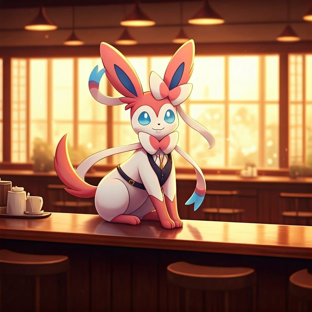 Regal Sylveon in Anime-Inspired Café Scene