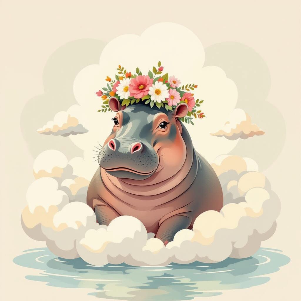 Hippo with Cloud Updo in Watercolor Style
