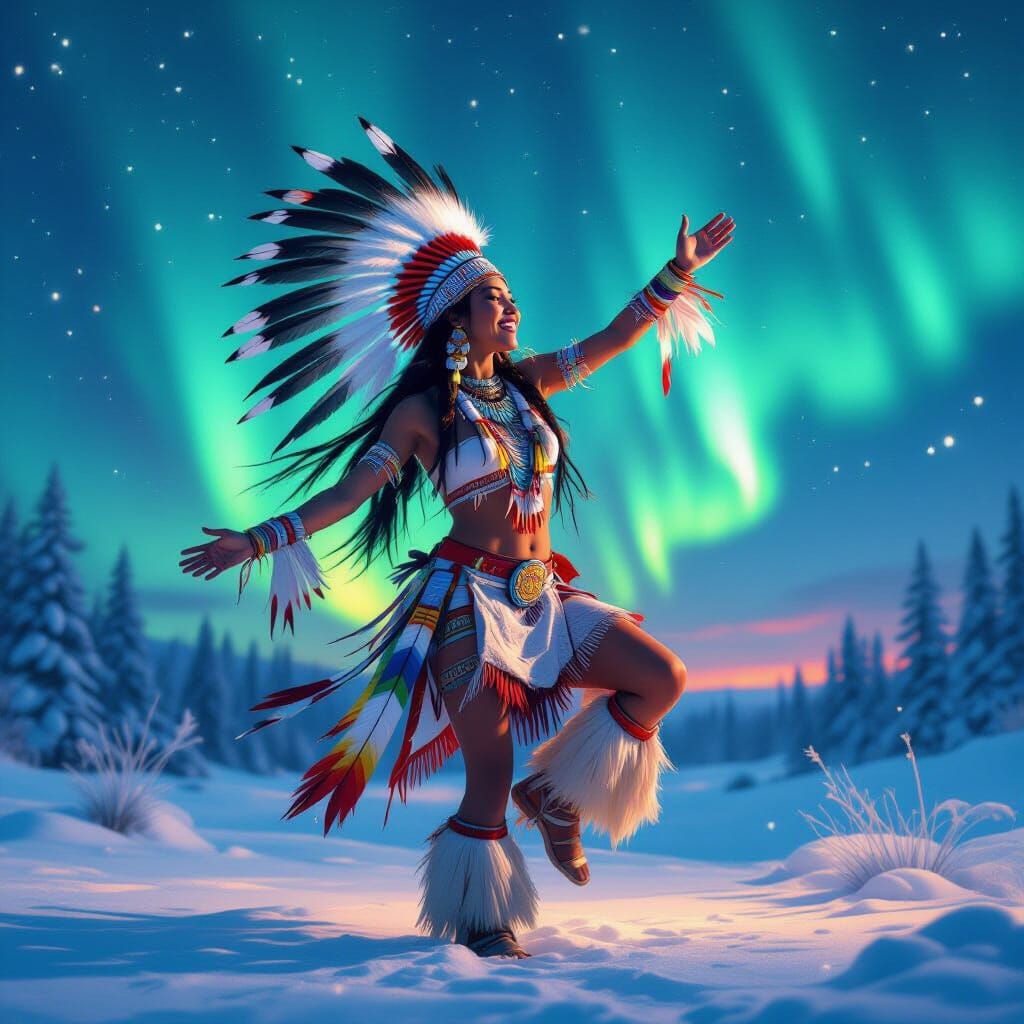 Native American Woman's Joyful Dance Under Aurora