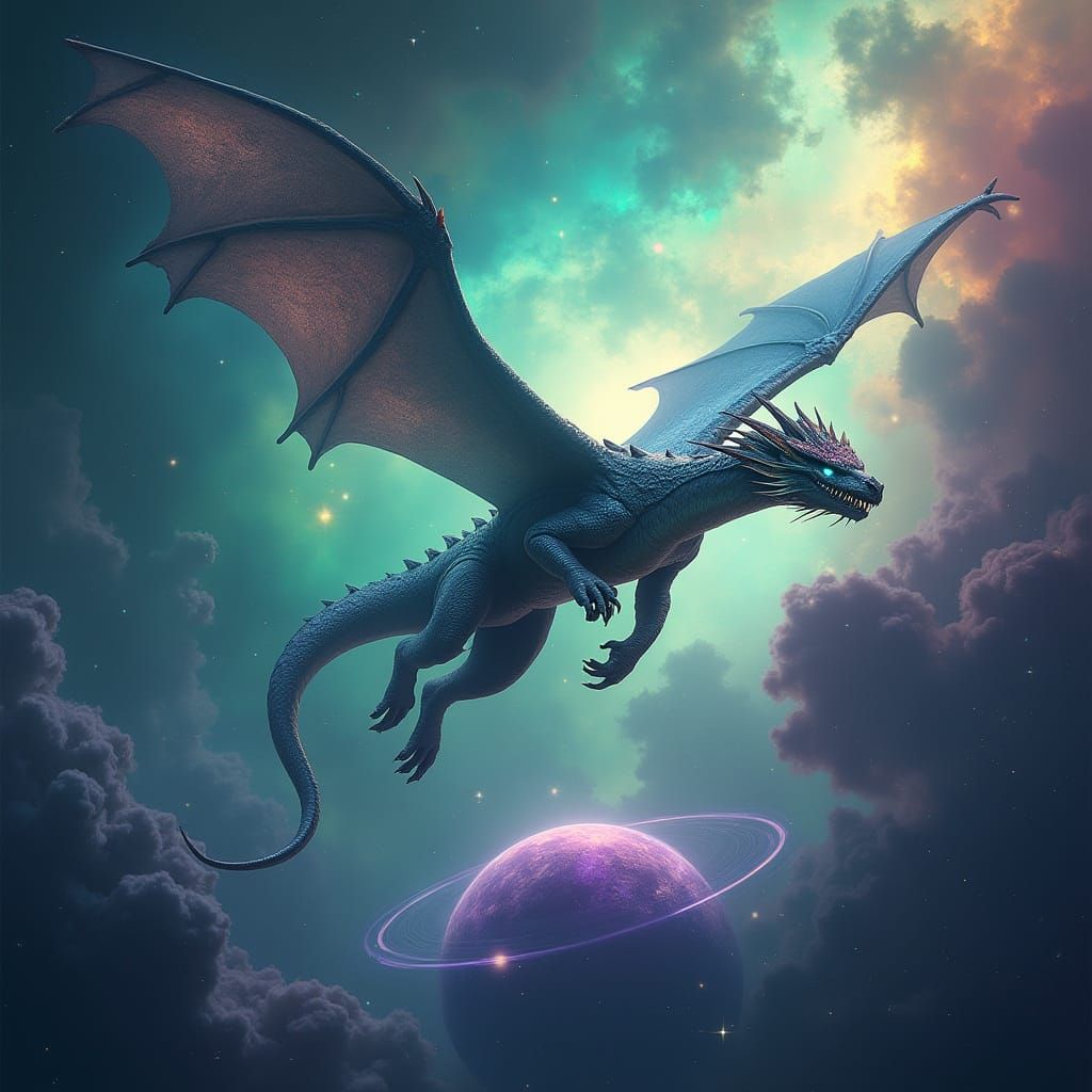 Iridescent Dragon Soars Through Cosmic Nebula