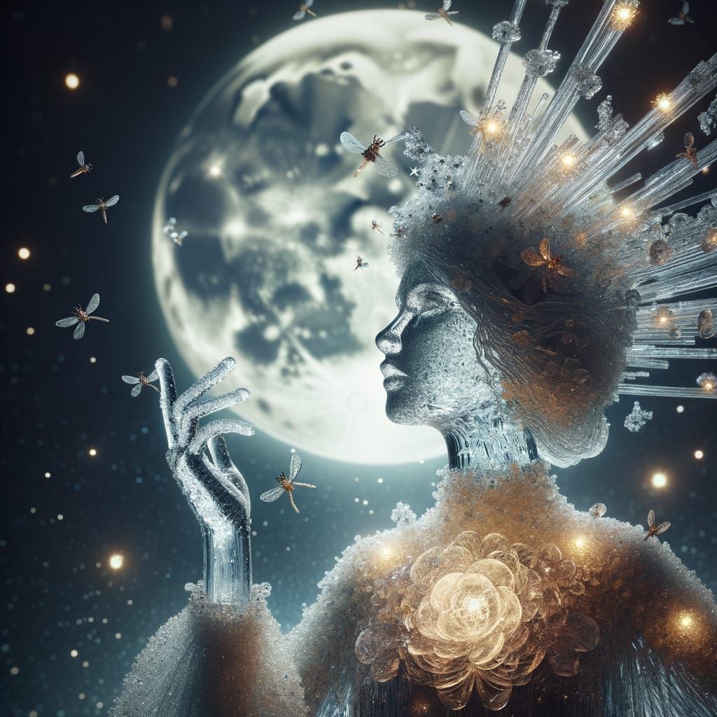 Ethereal Glass Woman Dancing Under the Moonlit Sky