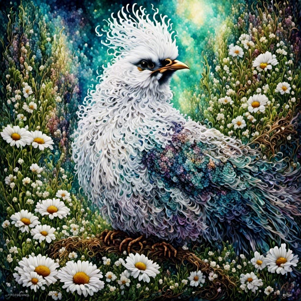 White Crested Polish Hen in Watercolor Sky