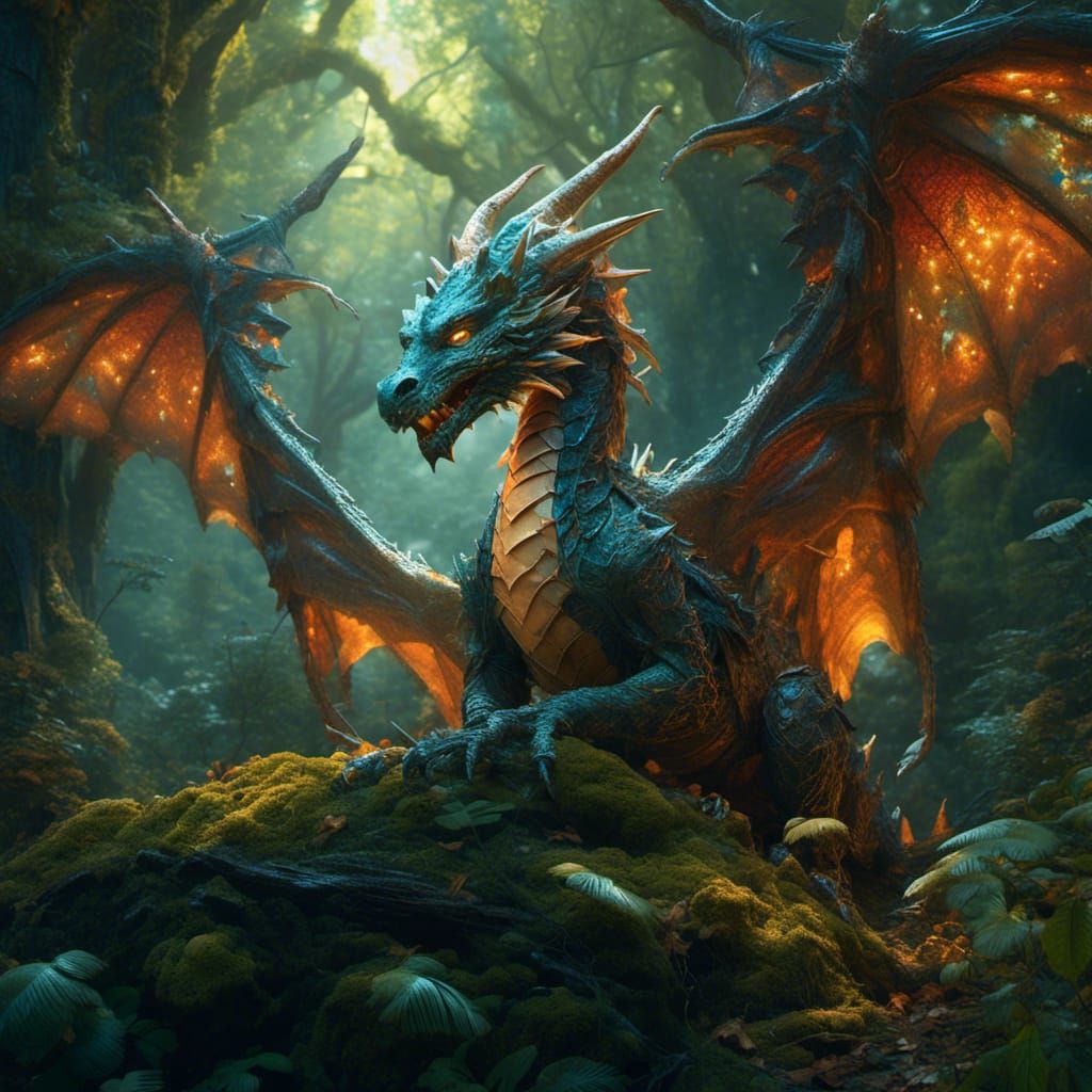Adorable Mythical Dragon Portrait in Luminescent Forest