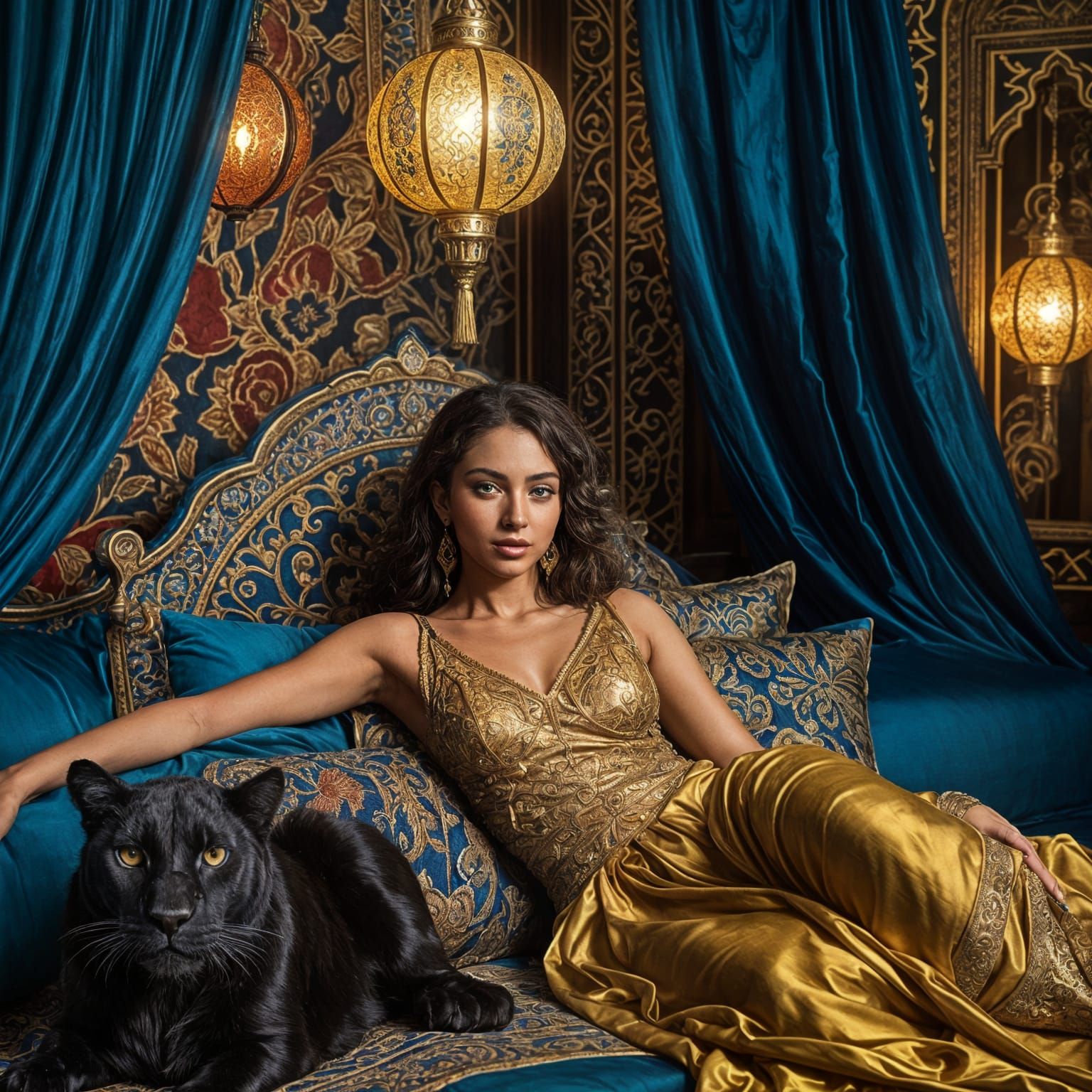 Exotic Moroccan Sultaness in Lavish Silks and Luxurious Sple...
