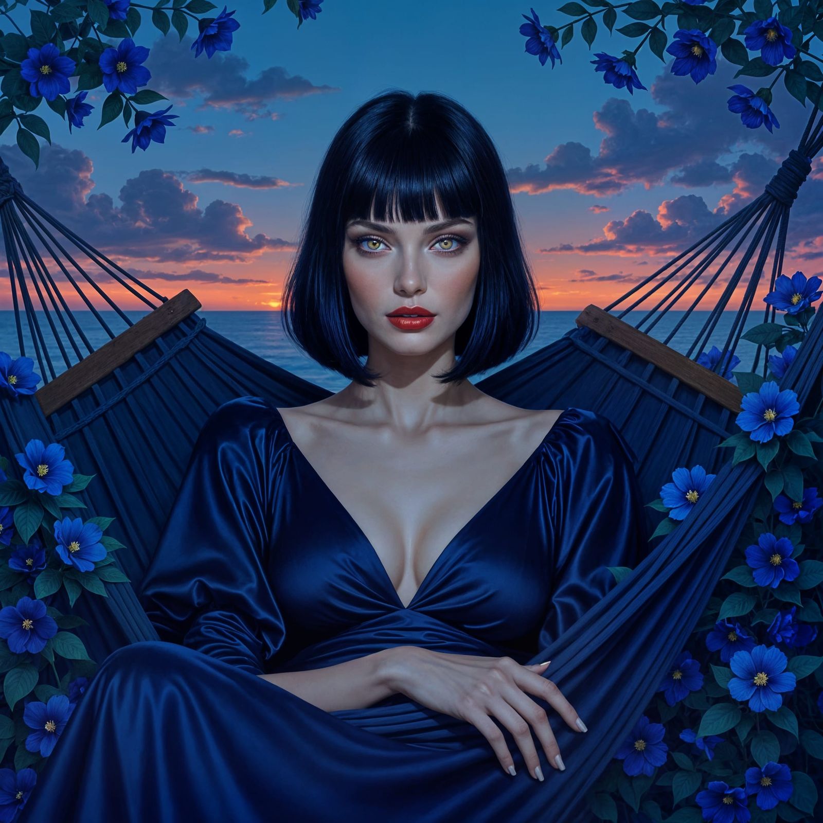 Mysterious Woman in Indigo Dress at Twilight