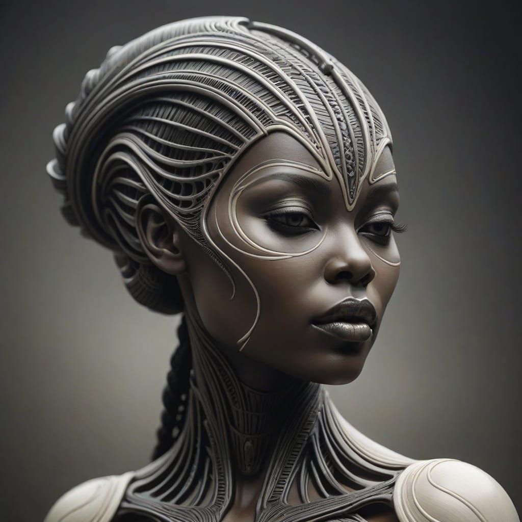 HR Giger Style Woodcut of African Woman