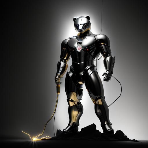Hyperdetailed Metal Bear Statue with Power Conduits