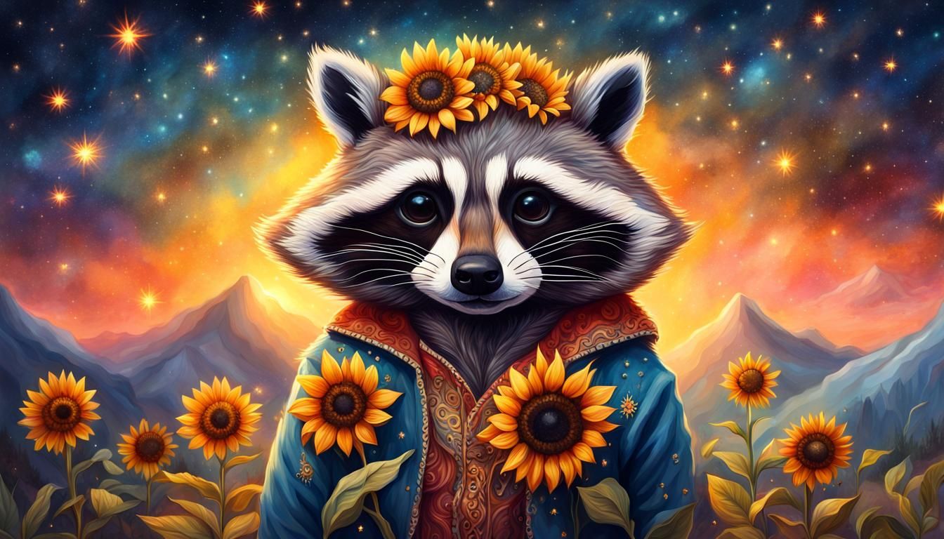 Fantasy Sunflower Raccoon Portrait with Fairy Lights