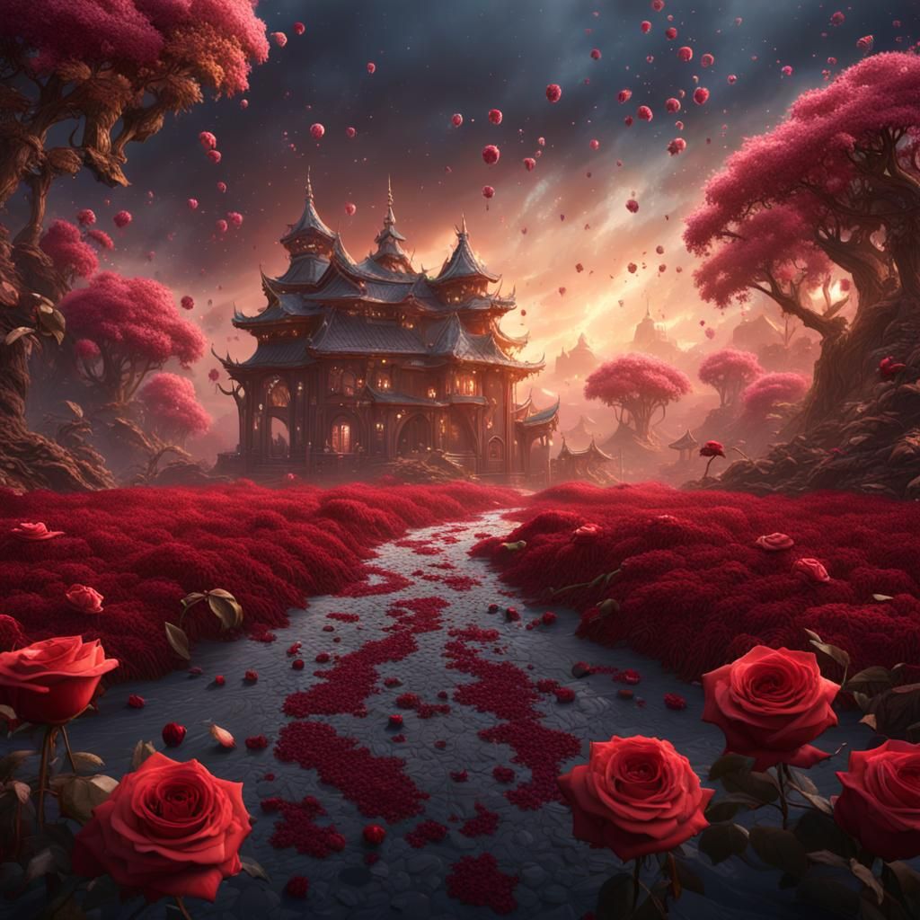 Falling Roses and Rice Grains in Detailed Painting