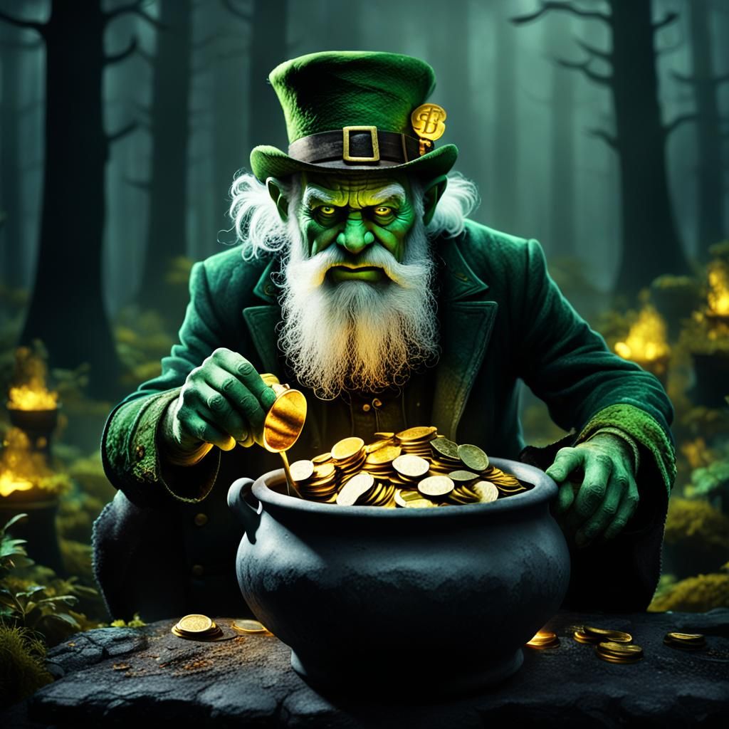 Cursed Leprechaun with Pot of Gold in Neon Forest