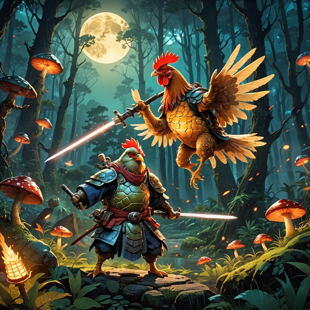 Chicken Warrior and Turtle Samurai Duel in Mystic Forest