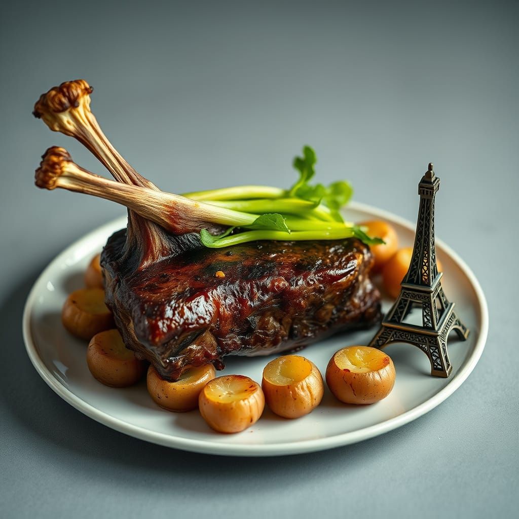 Hyperrealistic Steak with Eiffel Tower and Baked Potatoes