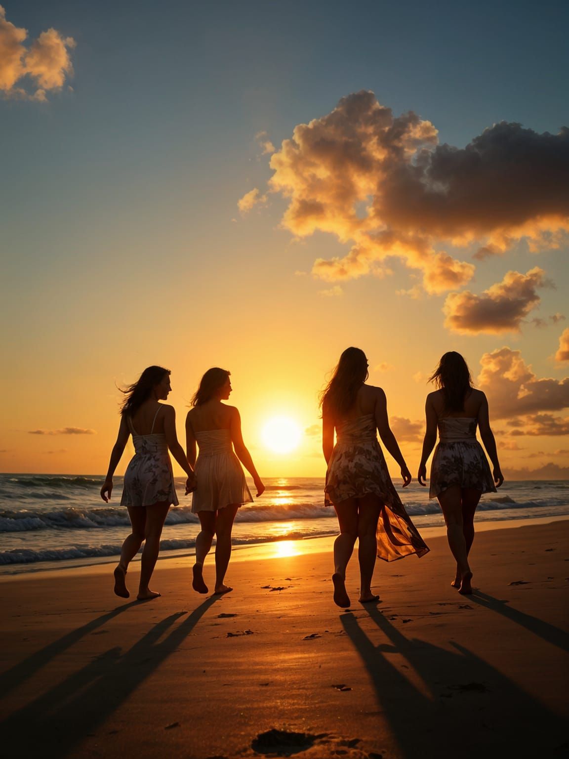 Five beautiful girls walking on the beach in the sunset
