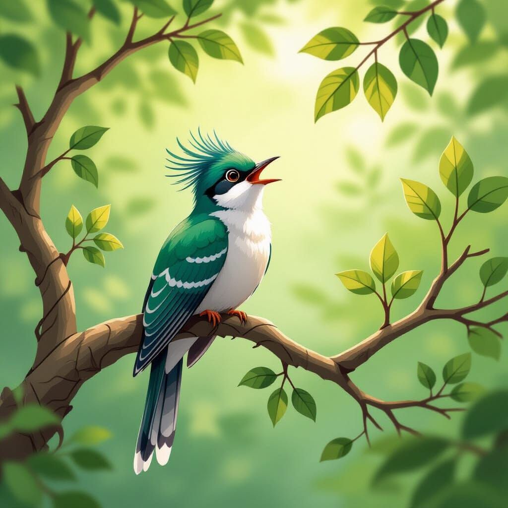 Crested Cuckoo Song: Whimsical Bird Art