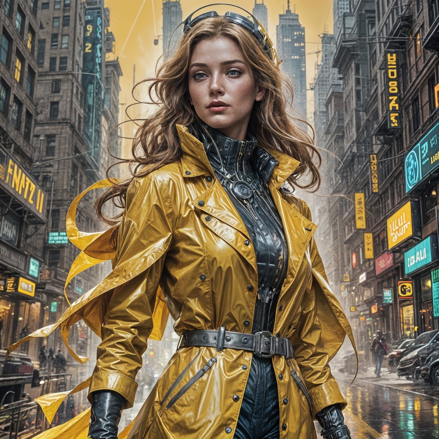 Fembot in Yellow Raincoat: Retrofuturistic Concept Art
