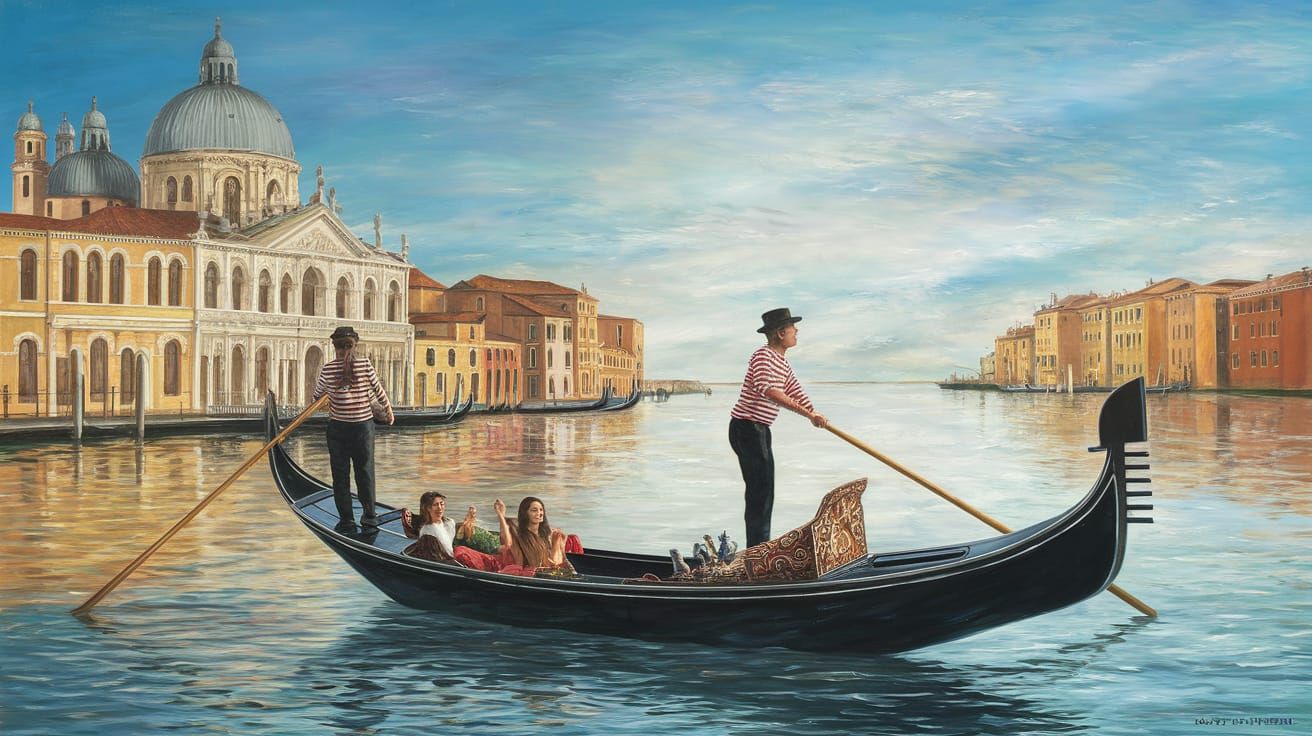 Venetian Gondoliers in a Dreamlike Oil Painting