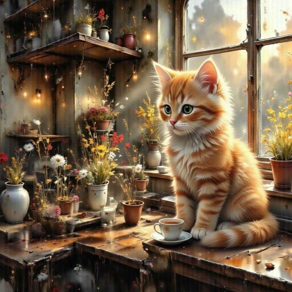 Fluffy Kitten Makes Coffee in Cozy Kitchen