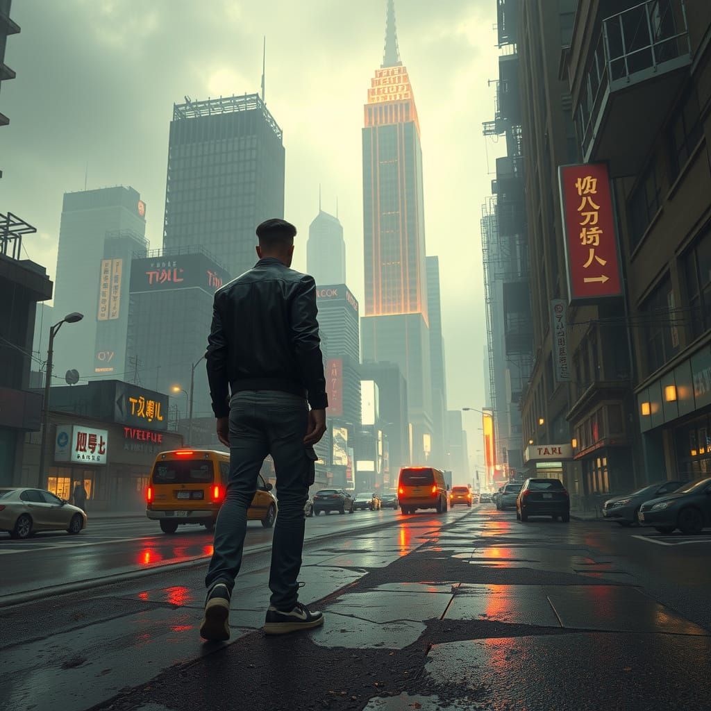Dystopian Cyberpunk Cityscape in Film Noir Style