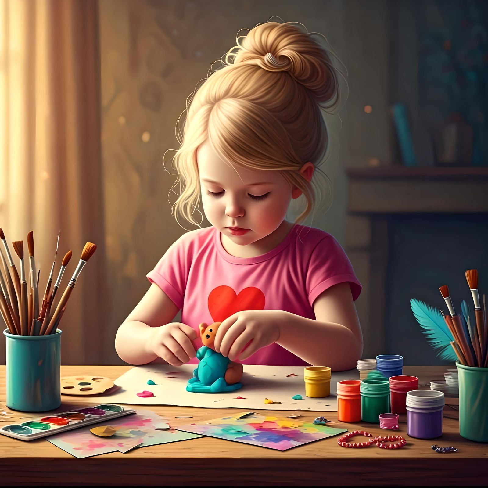Girl Creating Plasticine Teddy Bear as Oil Painting