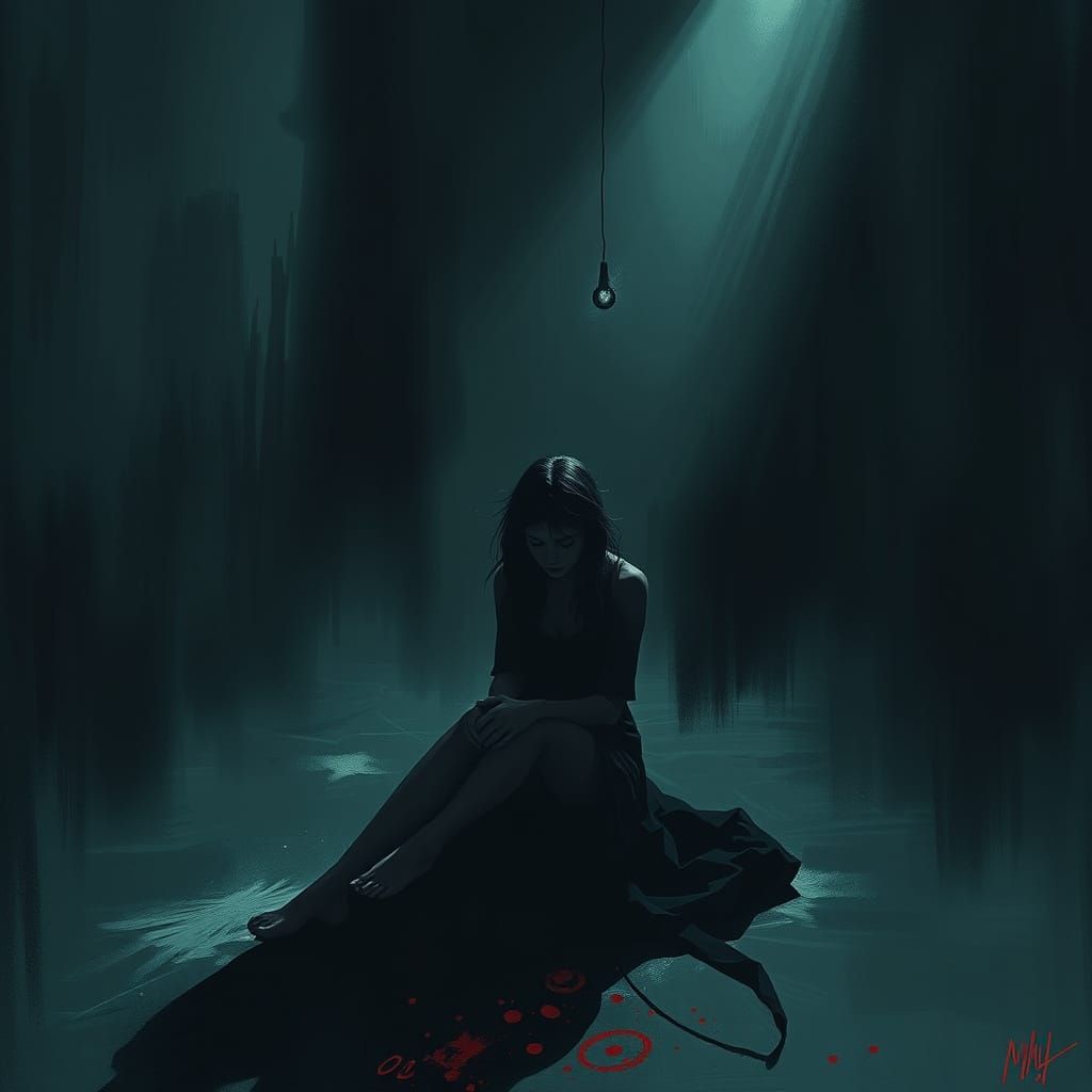 Eerie Woman Surrounded by Shadows in Dystopian Style