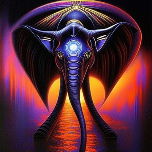 Bioluminescent Cosmic Elephant in Cityscape