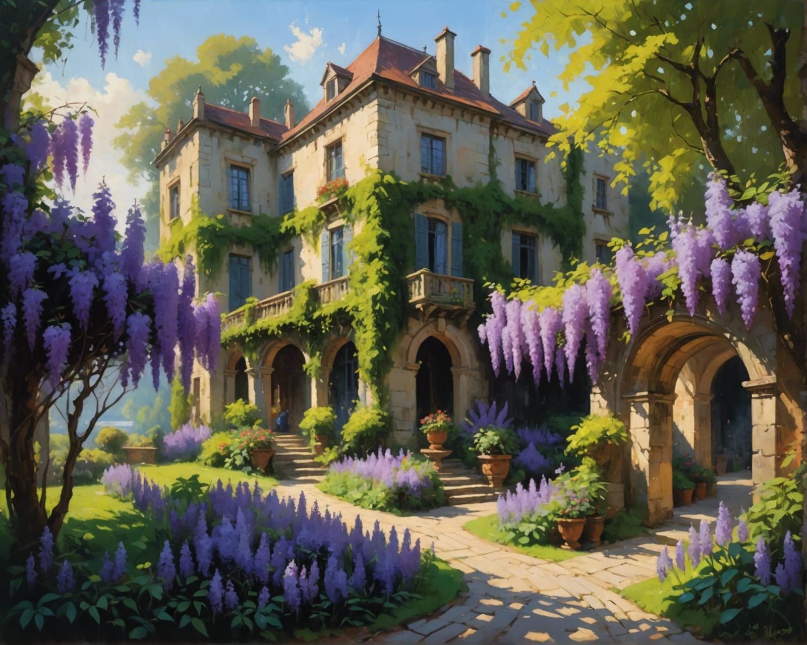 Wisteria Castle Garden Painting in Impressionist Style