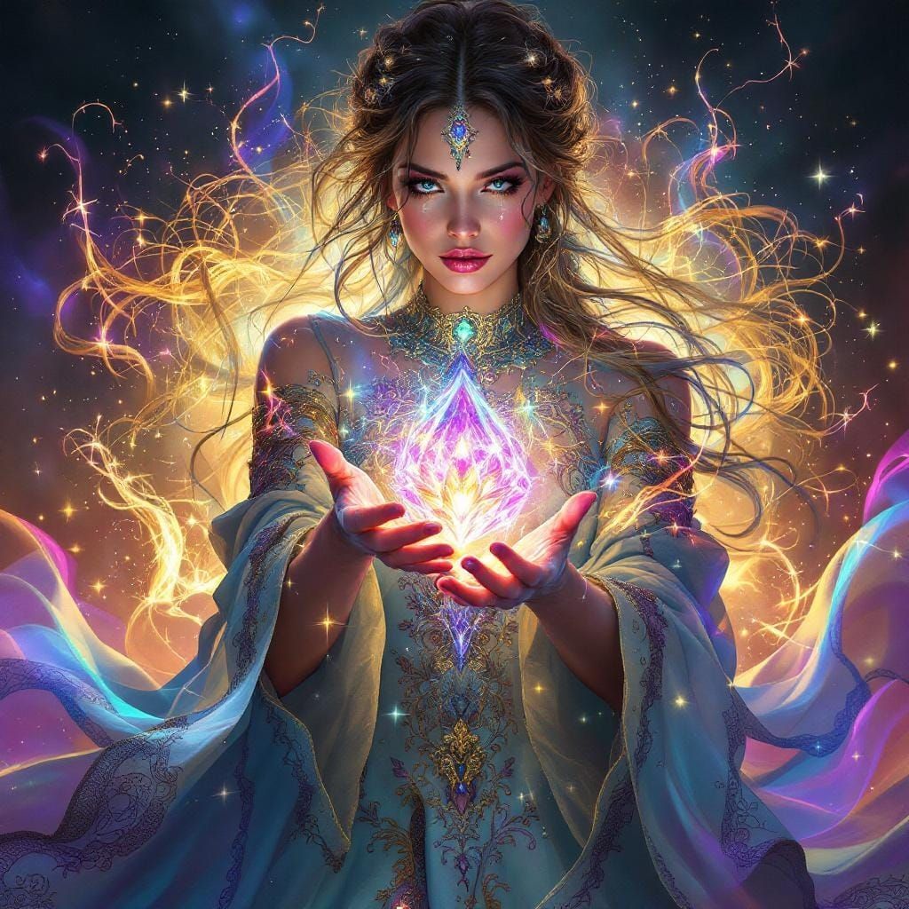 Ethereal Sorceress with Magical Bead in Retro Sci-Fi Style