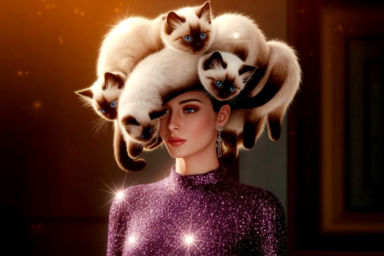 Lady in Kitten Hat with Glitter Dress in Warm Sunshine