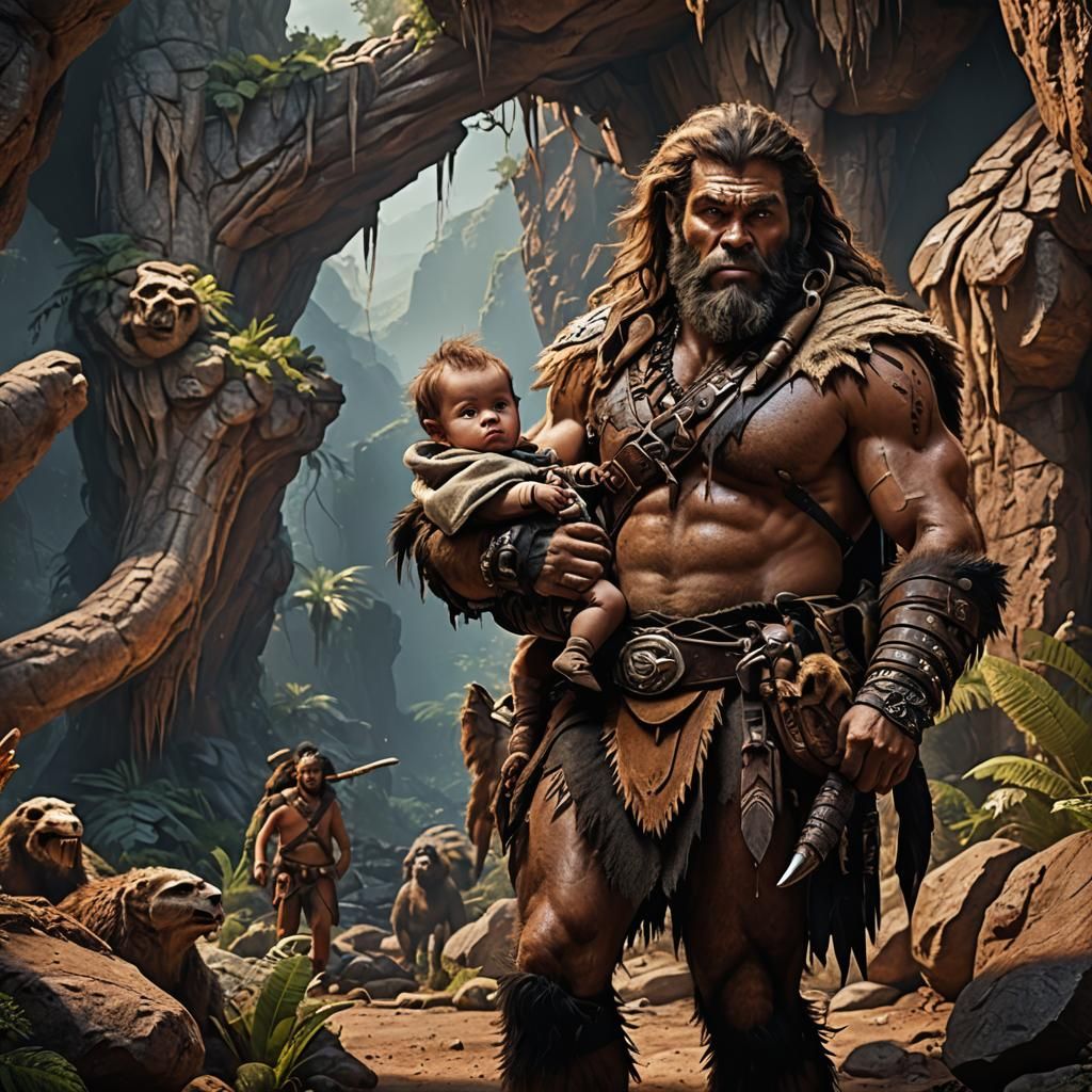 Caveman and Baby: Detailed Fantasy Concept Art