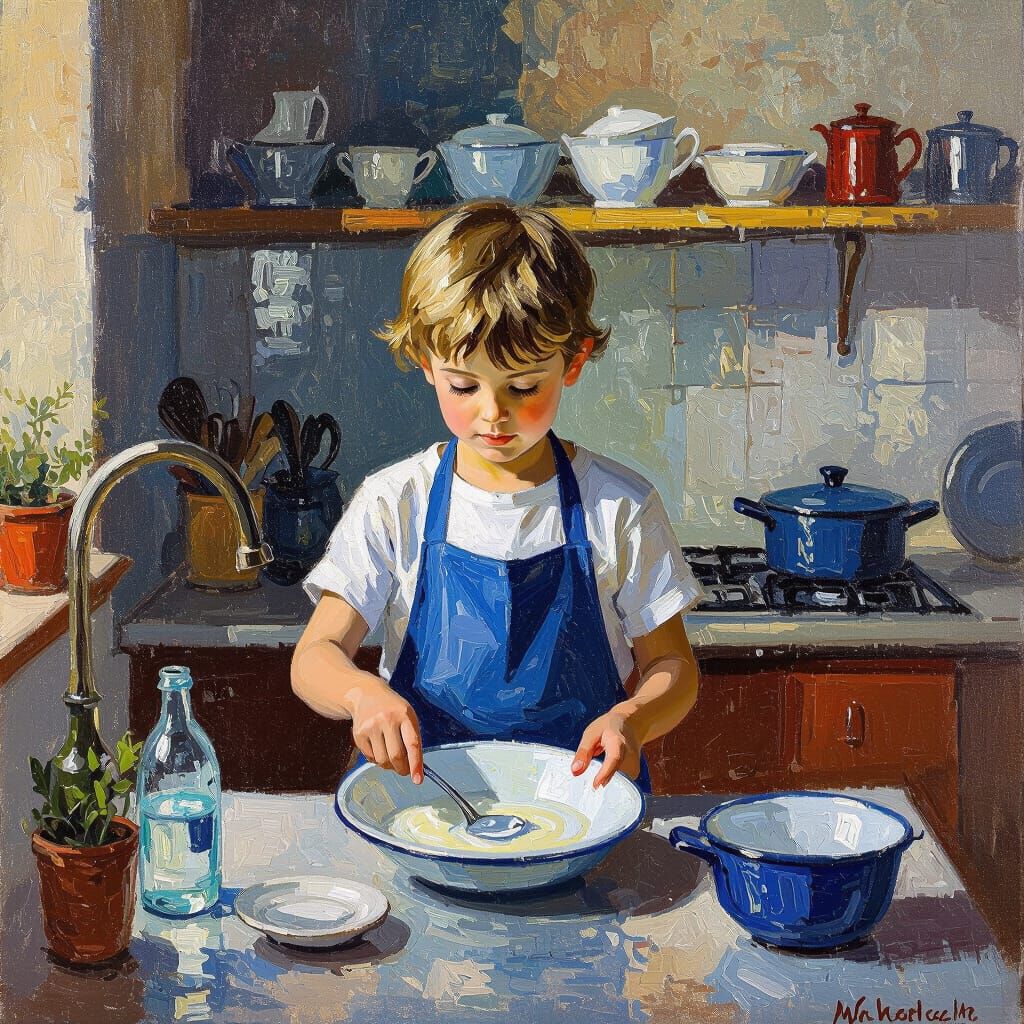 Boy Washing Dishes in Impressionist Style