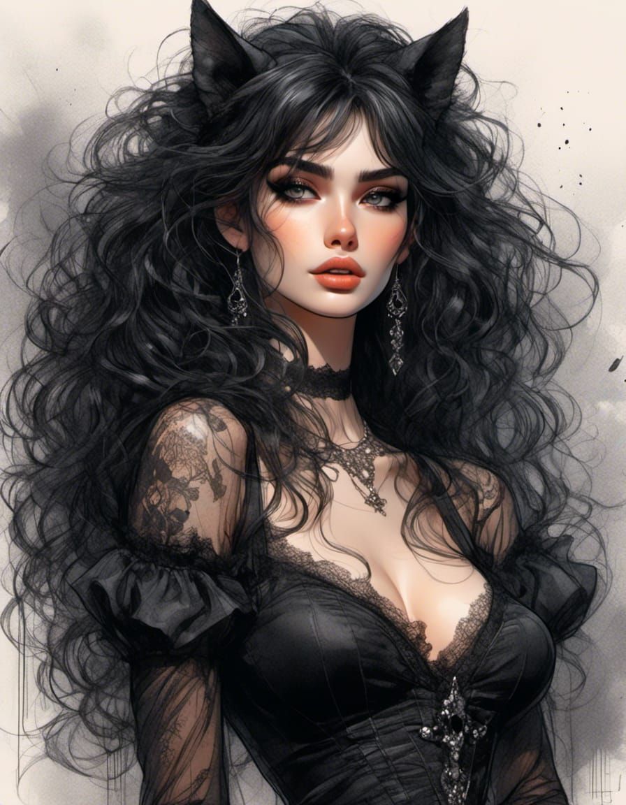 Curvy Goth Anime Babe in Color Sketch